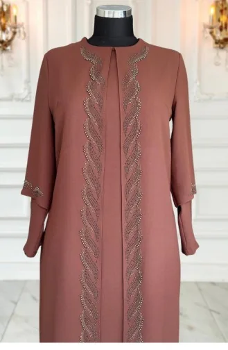 Amine Hüma Robe De Soirée Pierre De Cristal Marron 3305