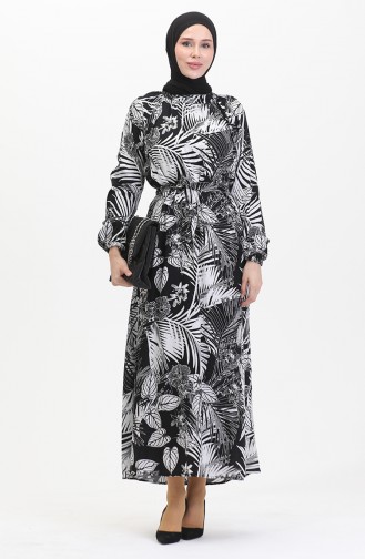 Gemustertes Viskosekleid Mit Gürtel 0485-03 Schwarz Weiß 0485-03