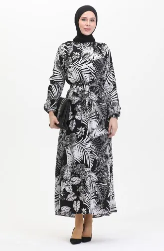 Gemustertes Viskosekleid Mit Gürtel 0485-03 Schwarz Weiß 0485-03