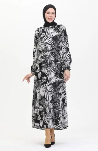 Gemustertes Viskosekleid Mit Gürtel 0485-03 Schwarz Weiß 0485-03