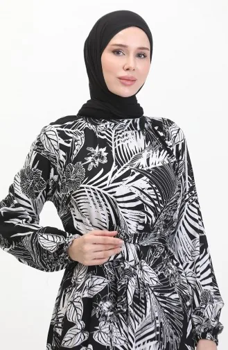 Gemustertes Viskosekleid Mit Gürtel 0485-03 Schwarz Weiß 0485-03