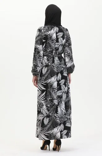 Gemustertes Viskosekleid Mit Gürtel 0485-03 Schwarz Weiß 0485-03