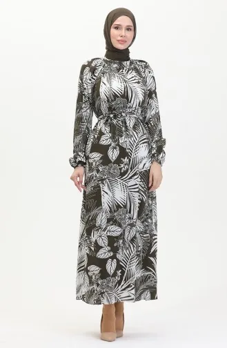 Gemustertes Viskosekleid Mit Gürtel 0485-04 Khaki Weiß 0485-04