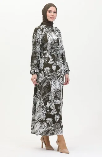 Gemustertes Viskosekleid Mit Gürtel 0485-04 Khaki Weiß 0485-04