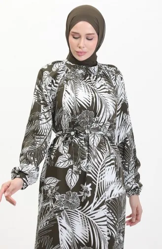 Gemustertes Viskosekleid Mit Gürtel 0485-04 Khaki Weiß 0485-04