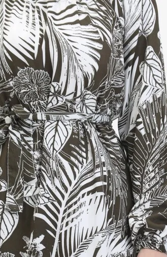 Gemustertes Viskosekleid Mit Gürtel 0485-04 Khaki Weiß 0485-04