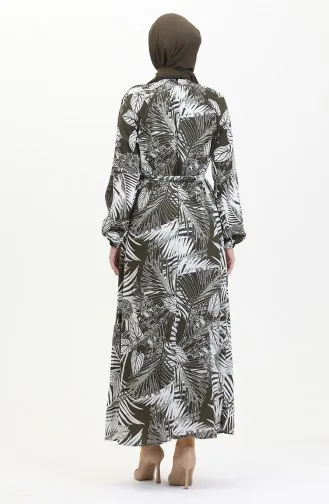 Gemustertes Viskosekleid Mit Gürtel 0485-04 Khaki Weiß 0485-04