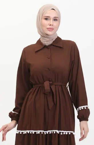 Pon Pon Kuşaklı Elbise 0482-01 Kahverengi