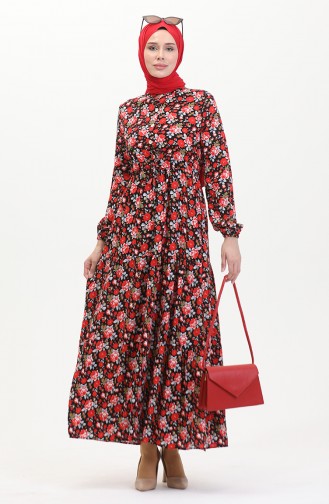 Gemustertes Viskosekleid Mit Taillenspitze 0488-01 Rot Schwarz 0488-01
