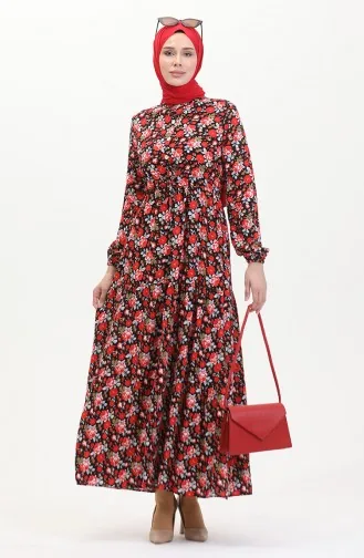 Viscose-jurk Met Patroon En Kant In De Taille 0488-01 Rood Zwart 0488-01