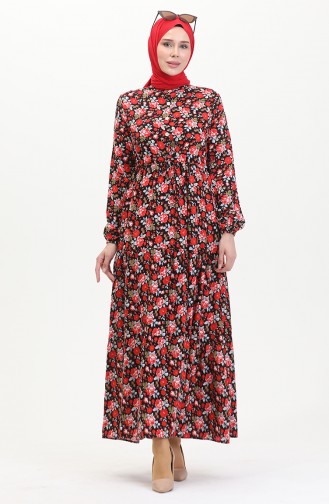 Gemustertes Viskosekleid Mit Taillenspitze 0488-01 Rot Schwarz 0488-01