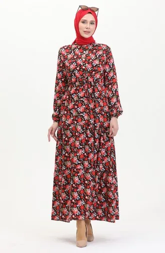 Viscose-jurk Met Patroon En Kant In De Taille 0488-01 Rood Zwart 0488-01