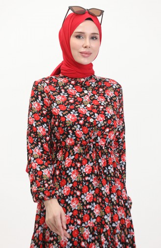 Gemustertes Viskosekleid Mit Taillenspitze 0488-01 Rot Schwarz 0488-01
