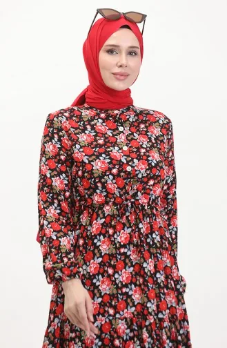 Viscose-jurk Met Patroon En Kant In De Taille 0488-01 Rood Zwart 0488-01