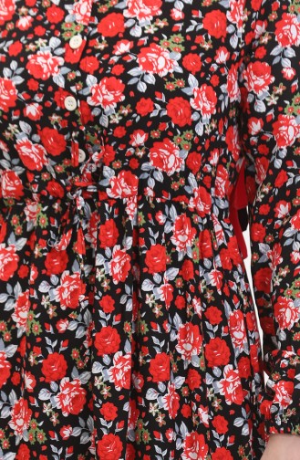 Gemustertes Viskosekleid Mit Taillenspitze 0488-01 Rot Schwarz 0488-01
