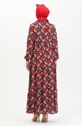 Gemustertes Viskosekleid Mit Taillenspitze 0488-01 Rot Schwarz 0488-01