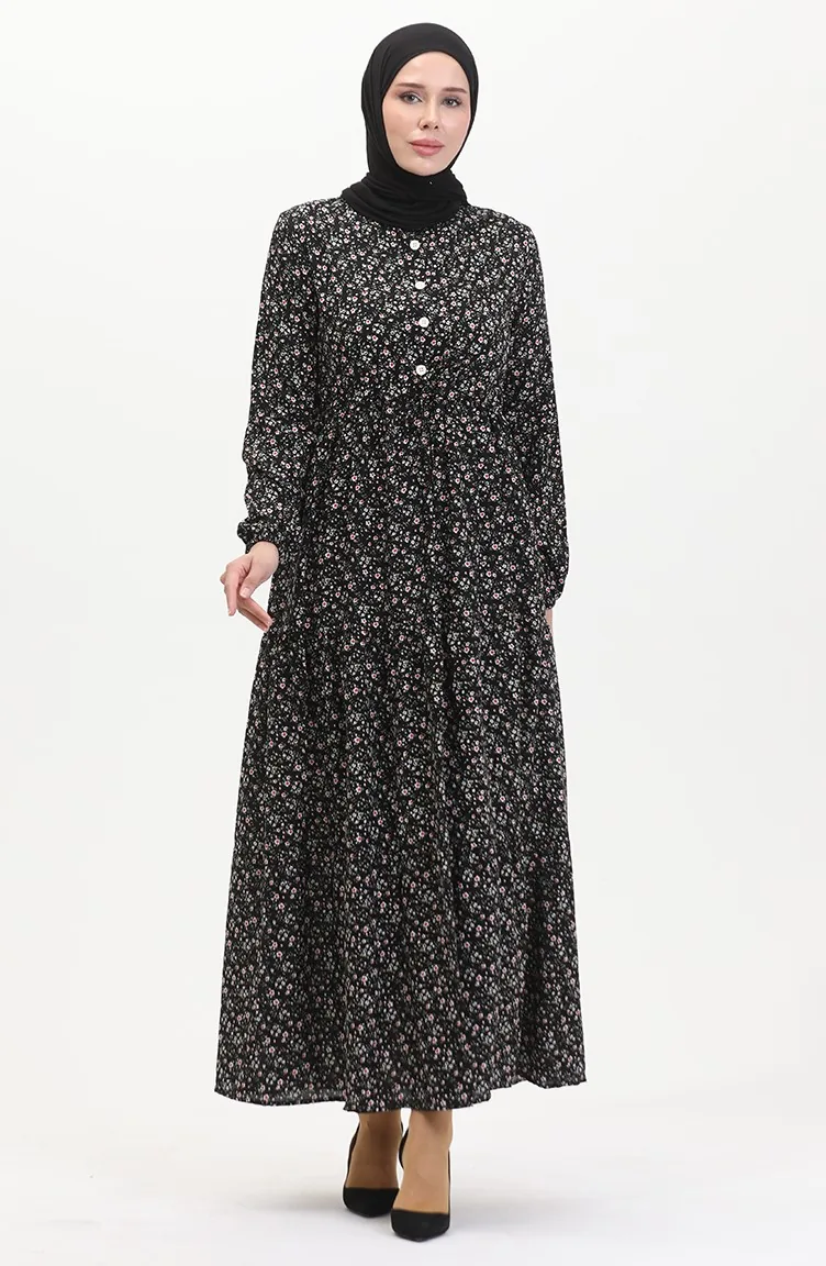 Robe Viscose à Motifs Fleuris 0479-01 Noir Rouge 0479-01