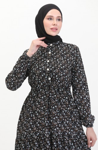 Viscose-jurk Met Bloemenpatroon 0479-03 Zwartblauw 0479-03