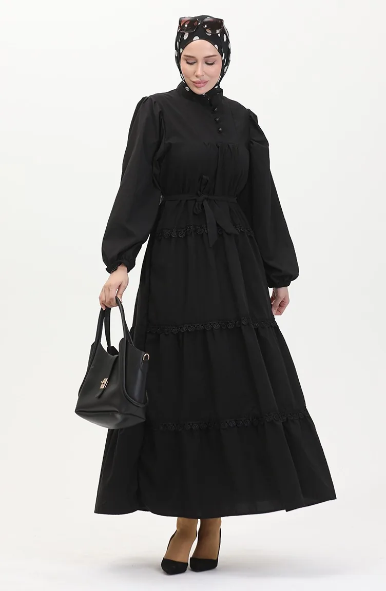 Spitzenkleid Mit Elastischen Ärmeln 0483-05 Schwarz 0483-05