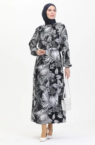 Desenli Kuşaklı Viskon Elbise 0485-01 Koyu Lacivert Beyaz