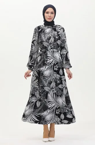 Desenli Kuşaklı Viskon Elbise 0485-01 Koyu Lacivert Beyaz