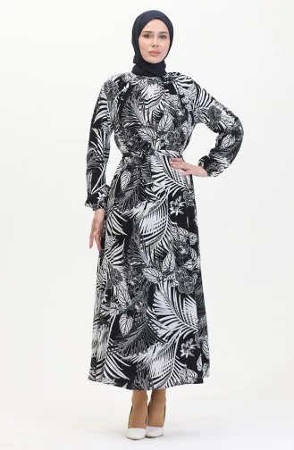 Desenli Kuşaklı Viskon Elbise 0485-01 Koyu Lacivert Beyaz