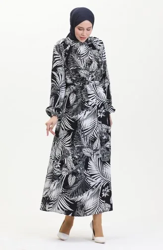 Desenli Kuşaklı Viskon Elbise 0485-01 Koyu Lacivert Beyaz