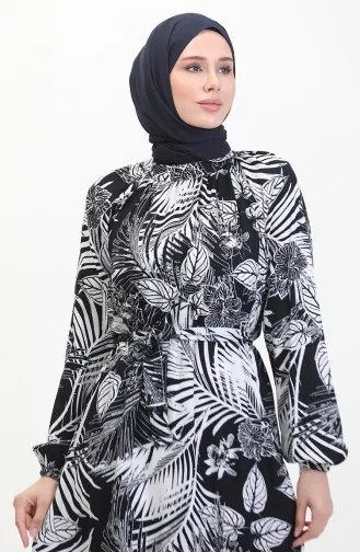 Desenli Kuşaklı Viskon Elbise 0485-01 Koyu Lacivert Beyaz