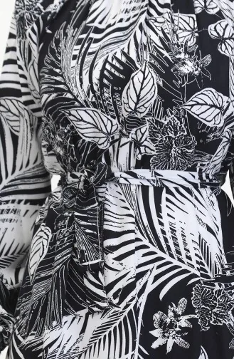 Desenli Kuşaklı Viskon Elbise 0485-01 Koyu Lacivert Beyaz