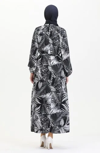 Desenli Kuşaklı Viskon Elbise 0485-01 Koyu Lacivert Beyaz