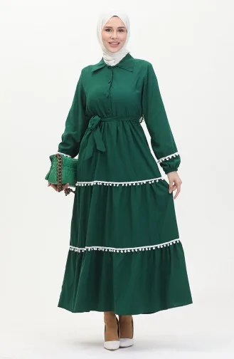 Pompom Belted Dress 0482-04 Emerald Green 0482-04