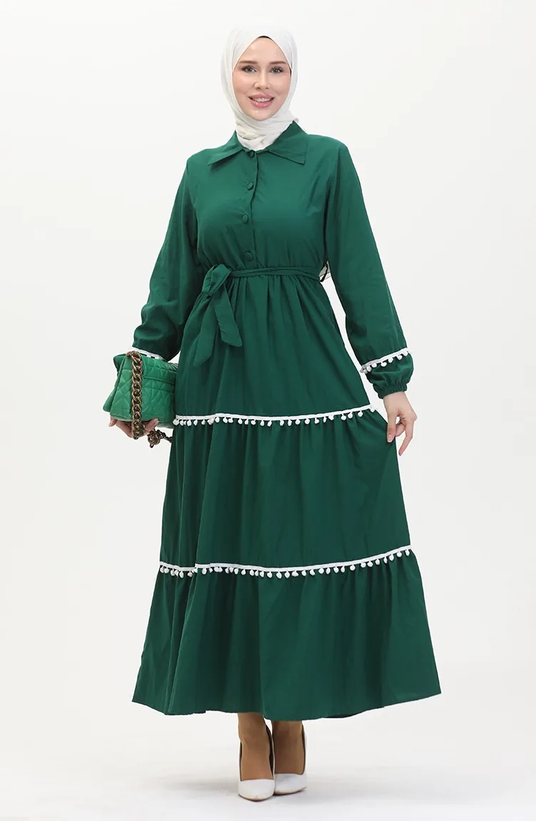 Pompom Belted Dress 0482-04 Emerald Green 0482-04