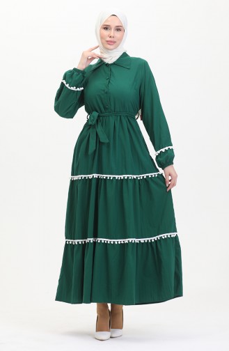Kleid Mit Bommelgürtel 0482-04 Smaragdgrün 0482-04