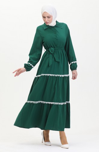 Kleid Mit Bommelgürtel 0482-04 Smaragdgrün 0482-04