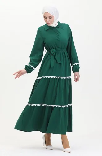 Pompom Belted Dress 0482-04 Emerald Green 0482-04