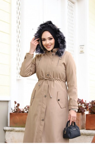 Double Zipper Detailed Hijab Mink Coat 385