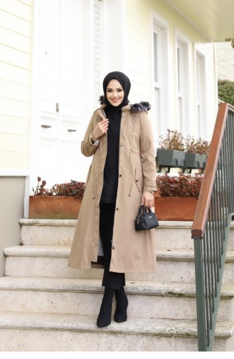 Double Zipper Detailed Hijab Mink Coat 385