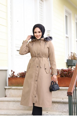 Double Zipper Detailed Hijab Mink Coat 385
