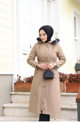 Double Zipper Detailed Hijab Mink Coat 385