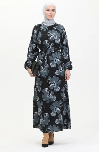 Gemustertes Kleid Mit Gürtel Und Raglanärmeln 0476-05 Anthrazit 0476-05