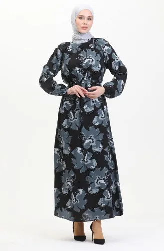 Gemustertes Kleid Mit Gürtel Und Raglanärmeln 0476-05 Anthrazit 0476-05