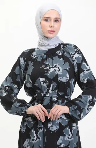 Gemustertes Kleid Mit Gürtel Und Raglanärmeln 0476-05 Anthrazit 0476-05