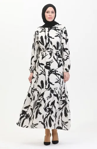 Patterned Belted Dress 0444-05 Ecru Black 0444-05