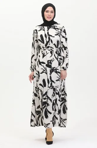 Patterned Belted Dress 0444-05 Ecru Black 0444-05