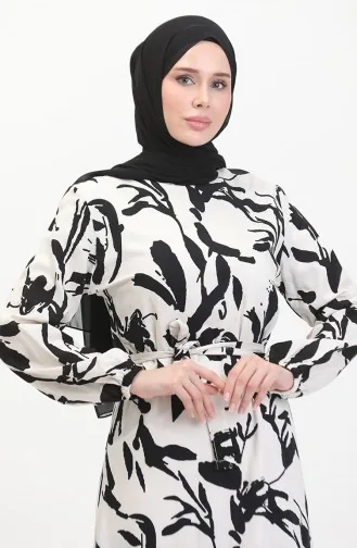 Patterned Belted Dress 0444-05 Ecru Black 0444-05
