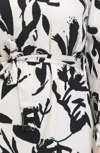 Patterned Belted Dress 0444-05 Ecru Black 0444-05
