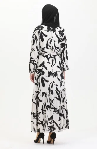 Patterned Belted Dress 0444-05 Ecru Black 0444-05