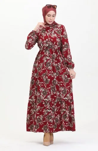 Desenli Viskon Elbise 0489-03 Bordo