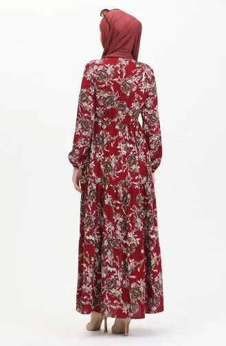 Desenli Viskon Elbise 0489-03 Bordo