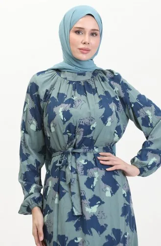 فستان منقوش بحزام 0476-04 أخضر عسكري 0476-04